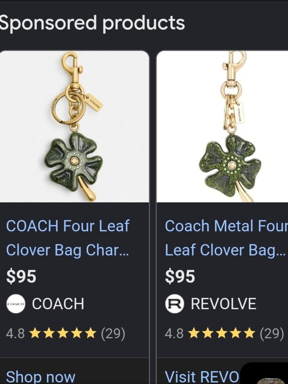 Coach Green Sparkle Four-Leaf Clover Keyring with Gold Hardware - Picture 4 of 5